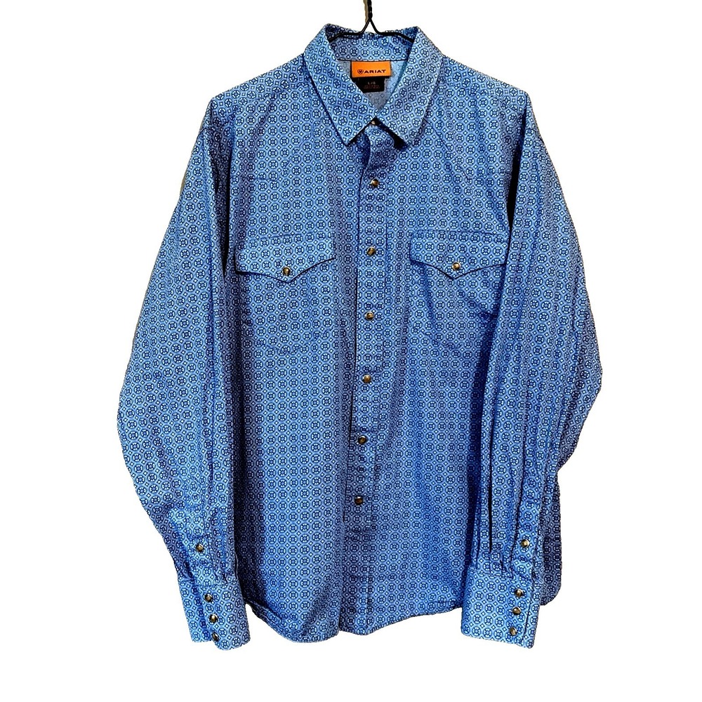 Ariat Long Sleeve Western Shirt Blue Men's L Geometric AOP Brown Pearl Snaps
